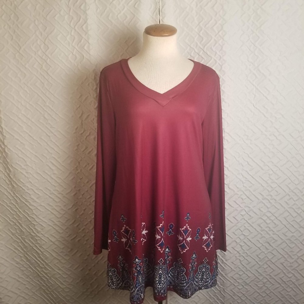 Laksmi NWT Burgundy with Blue & White Print Tunic